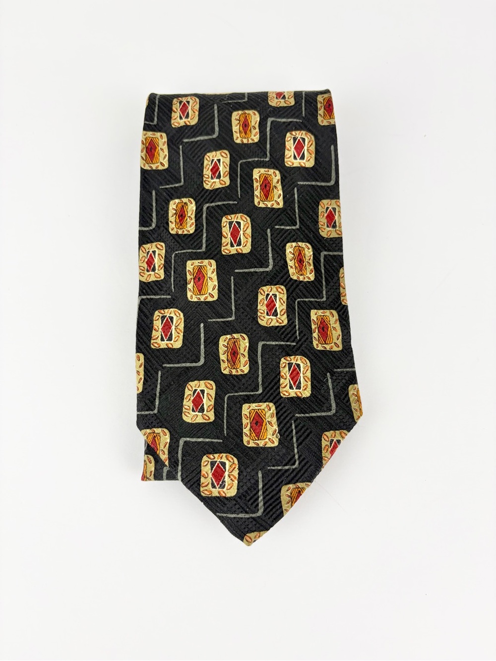 Robert Talbott Studio Black Gold Rectangle Abstract Print Hand Sewn Silk Necktie